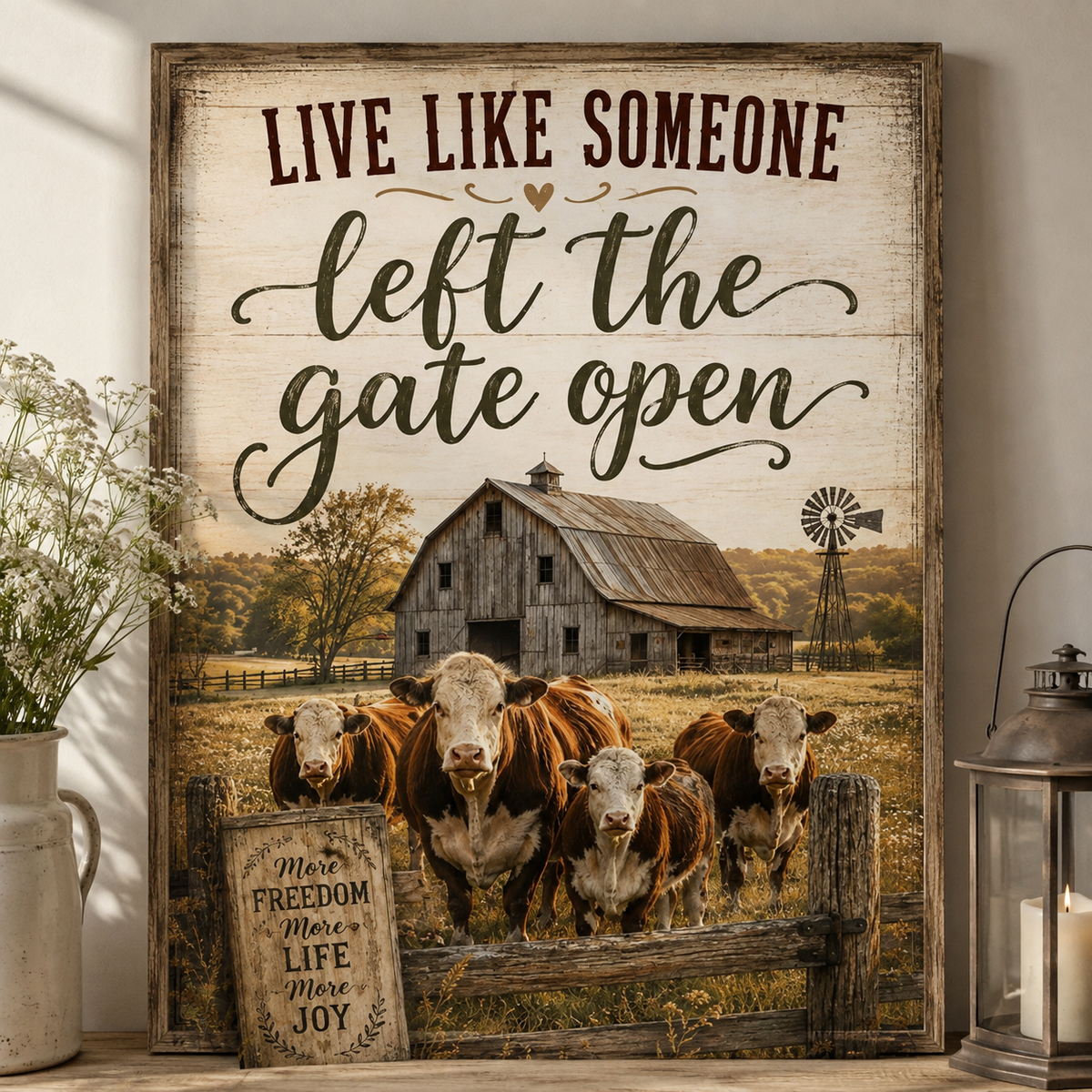 Live Like Someone Left the Gate Open Poster, Rustic Farmhouse Cow Wall Art, Country Farm Decor