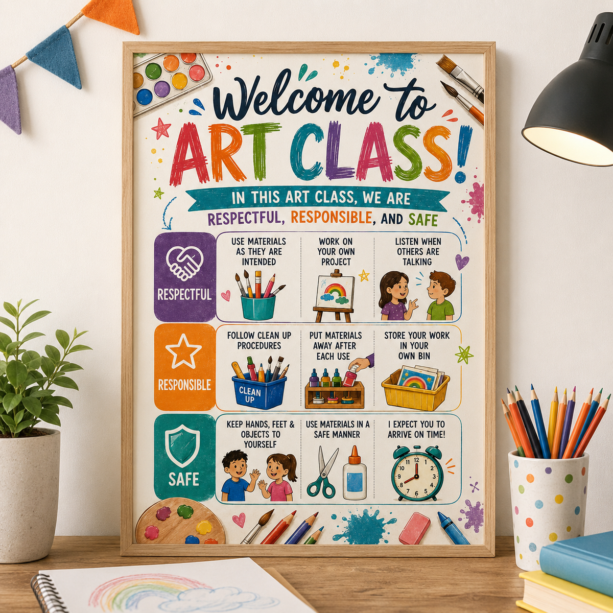 Welcome to Art Class Poster, Art Classroom Rules Wall Art, Respectful Responsible Safe Teacher Decor