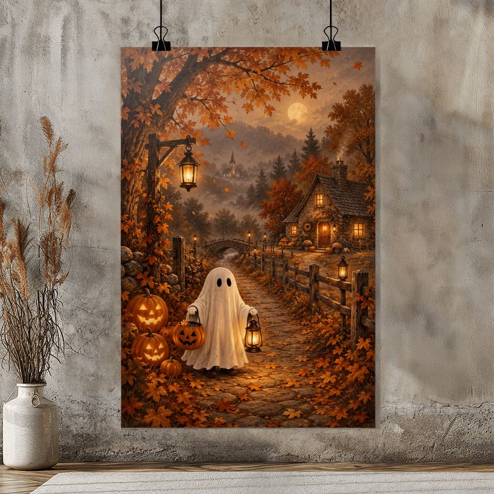 Vintage Halloween Ghost Wall Art, Autumn Pumpkin Patch Poster