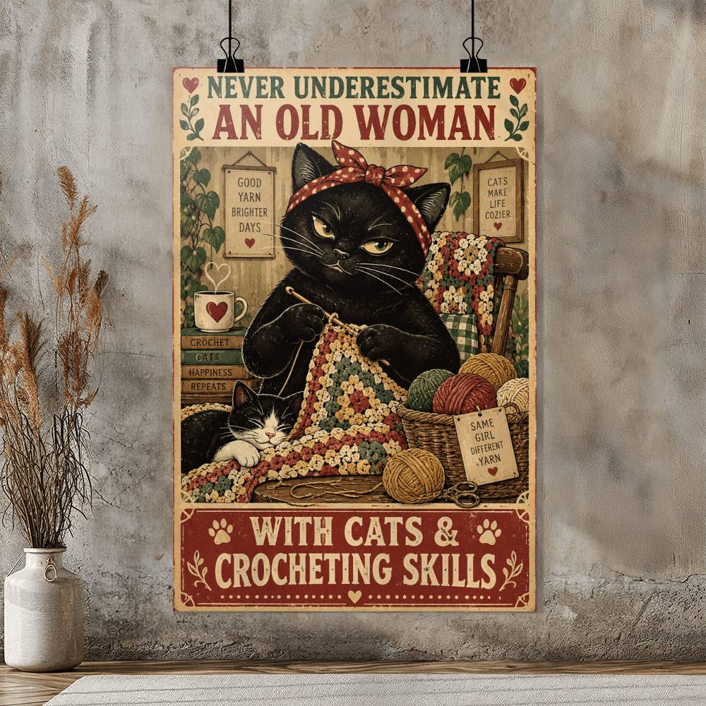 Never Underestimate an Old Woman With Cats & Crocheting Skills Poster, Funny Crochet Lover Gift