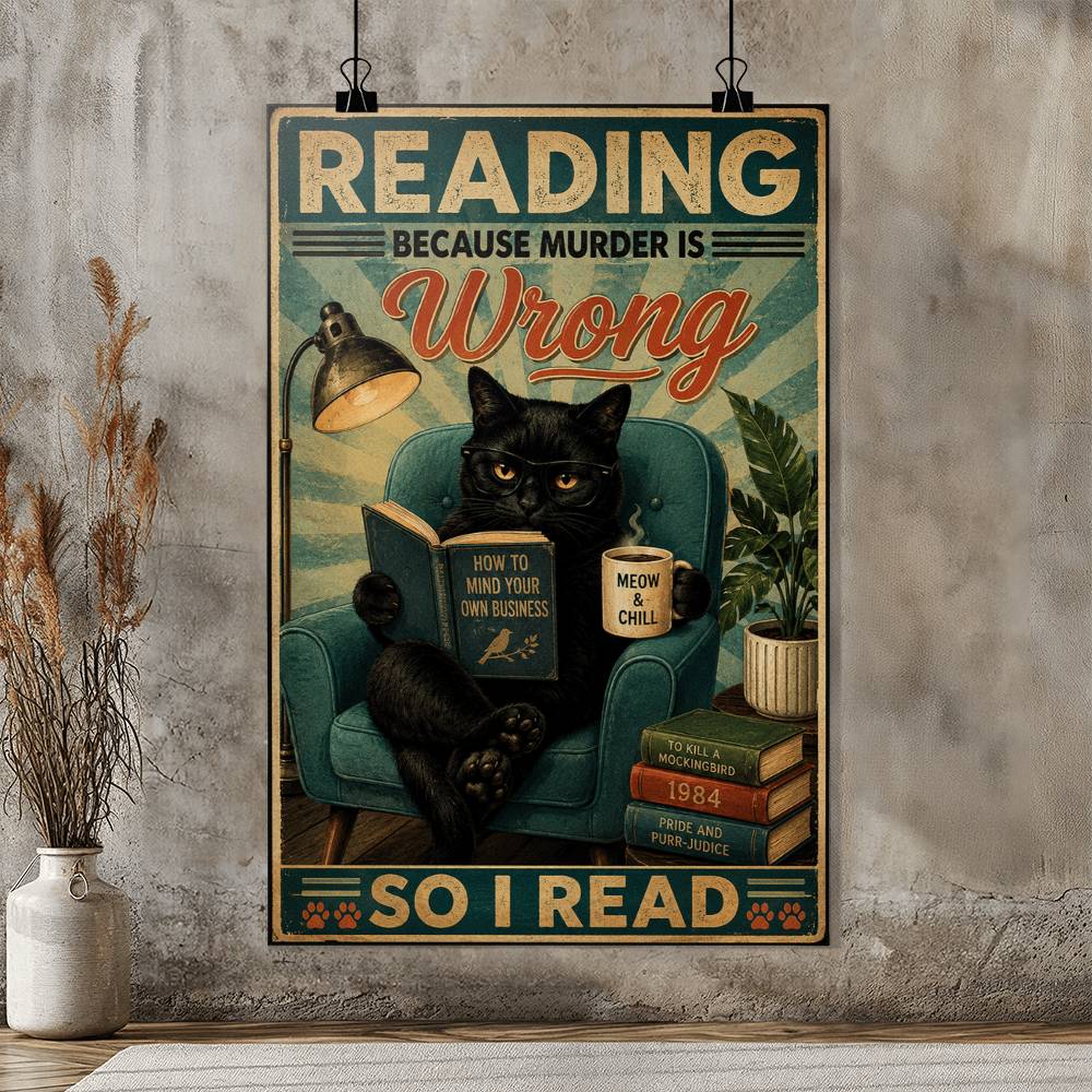 Black Cat Reading Because Murder Wrong Poster