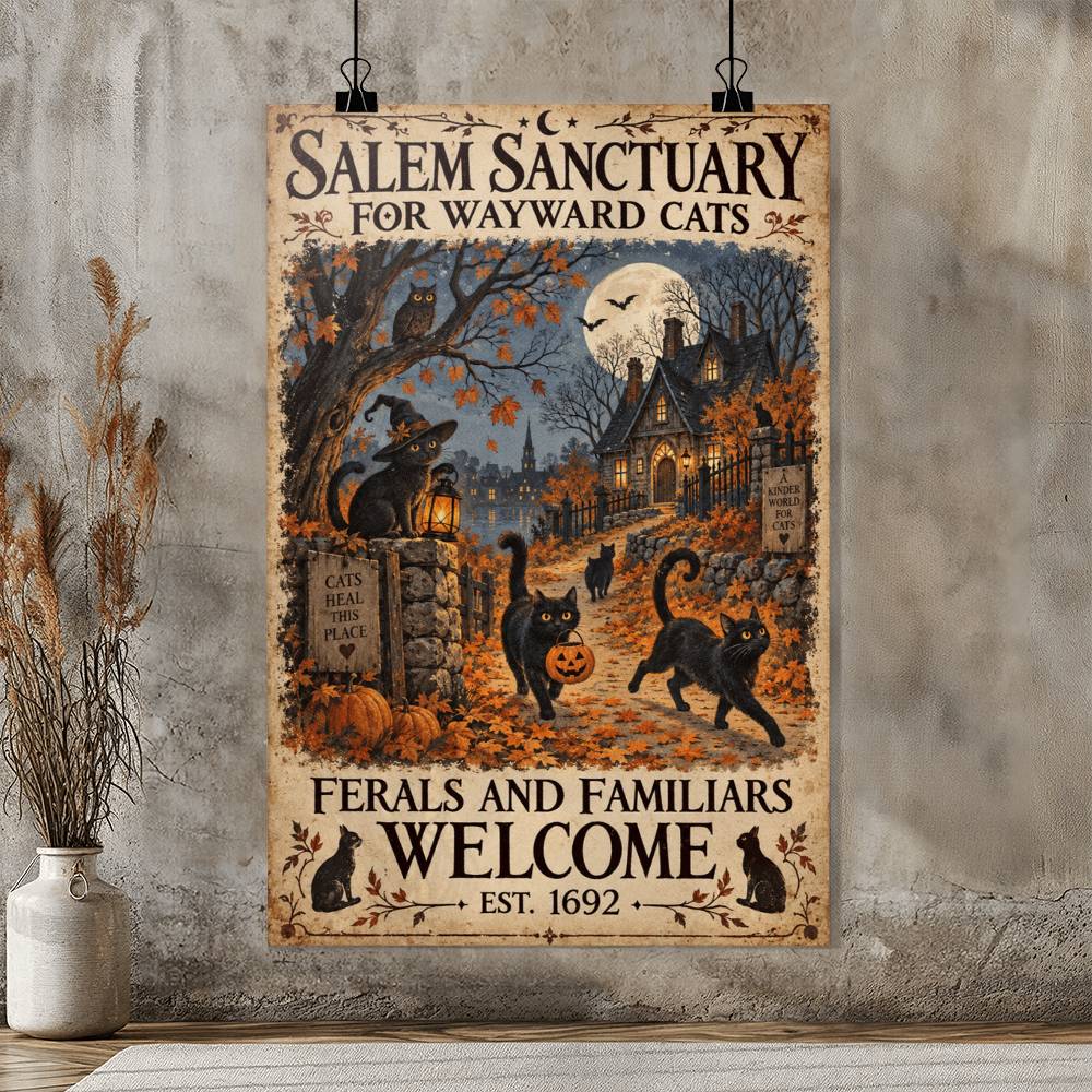 Salem Sanctuary Poster, Witch Halloween Decor, Cat Lover Wall Art, Halloween Decoration