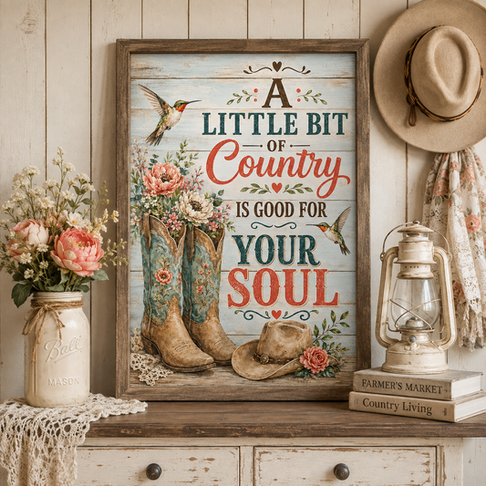 A Little Bit of Country Is Good for Your Soul Poster, Country Girl Wall Art, Western Cowboy Boots Decor