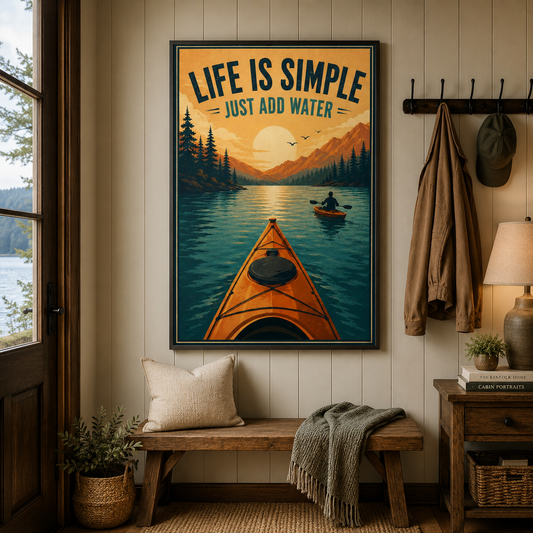 Life Is Simple Just Add Water Poster, Kayaking Wall Art, Outdoor Adventure Quote Print, Kayaker Gift