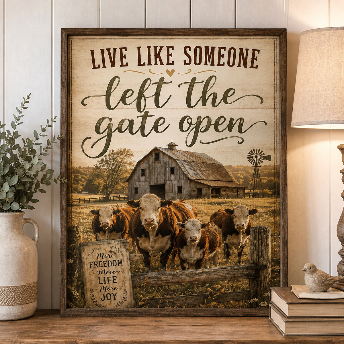 Live Like Someone Left the Gate Open Poster, Rustic Farmhouse Cow Wall Art, Country Farm Decor