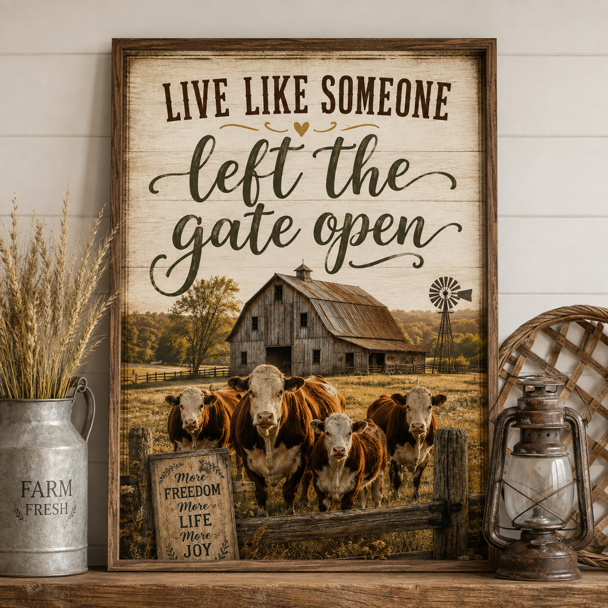 Live Like Someone Left the Gate Open Poster, Rustic Farmhouse Cow Wall Art, Country Farm Decor