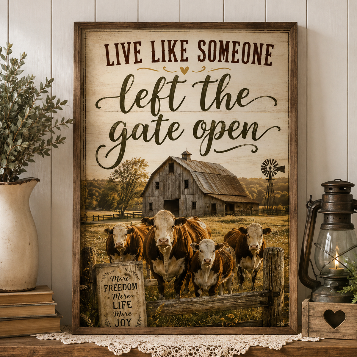 Live Like Someone Left the Gate Open Poster, Rustic Farmhouse Cow Wall Art, Country Farm Decor