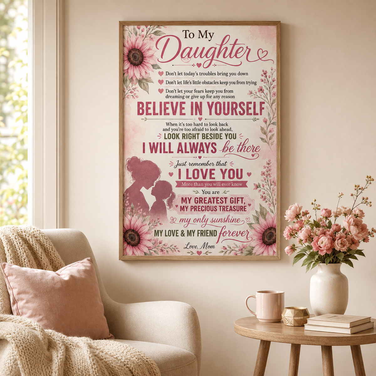 To My Daughter Sunflower Poster, Love Mom Gift for Daughter, Mother Daughter Wall Art