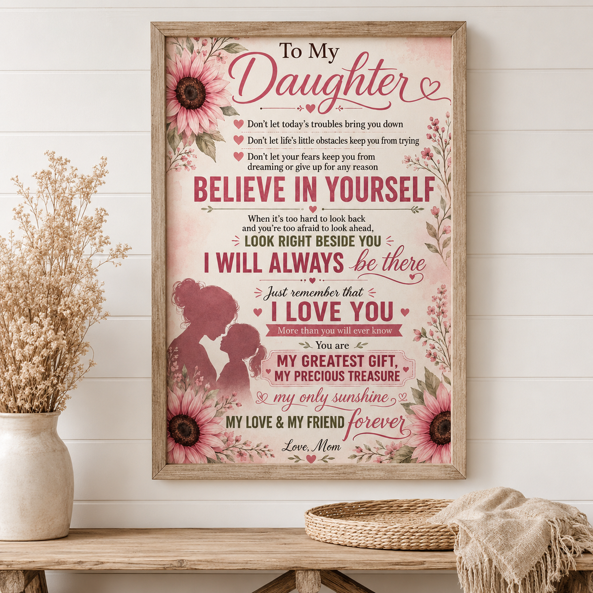 To My Daughter Sunflower Poster, Love Mom Gift for Daughter, Mother Daughter Wall Art