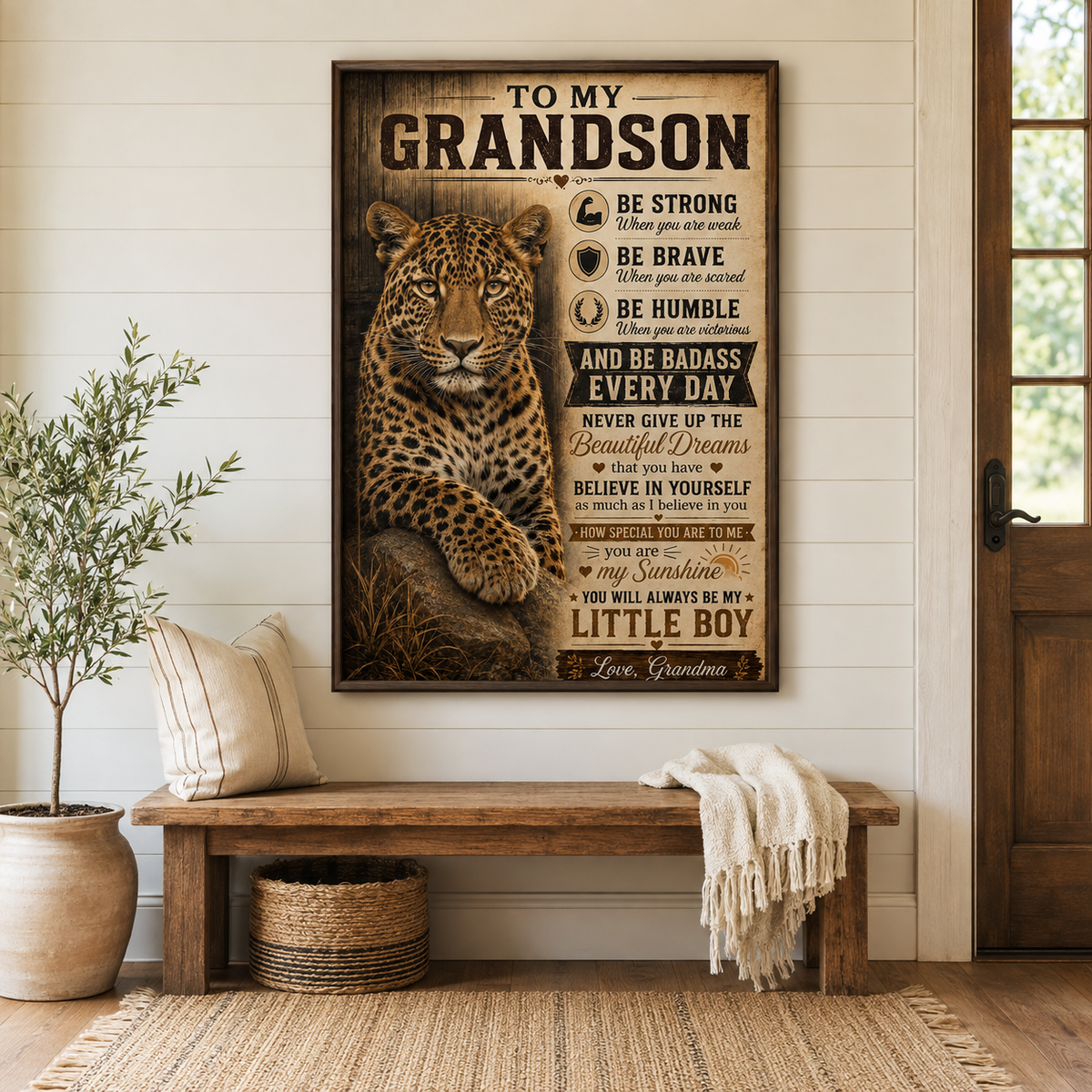 To My Grandson Leopard Poster, Inspirational Gift From Grandma, Be Strong Be Brave Wall Art, Grandson Birthday Gift