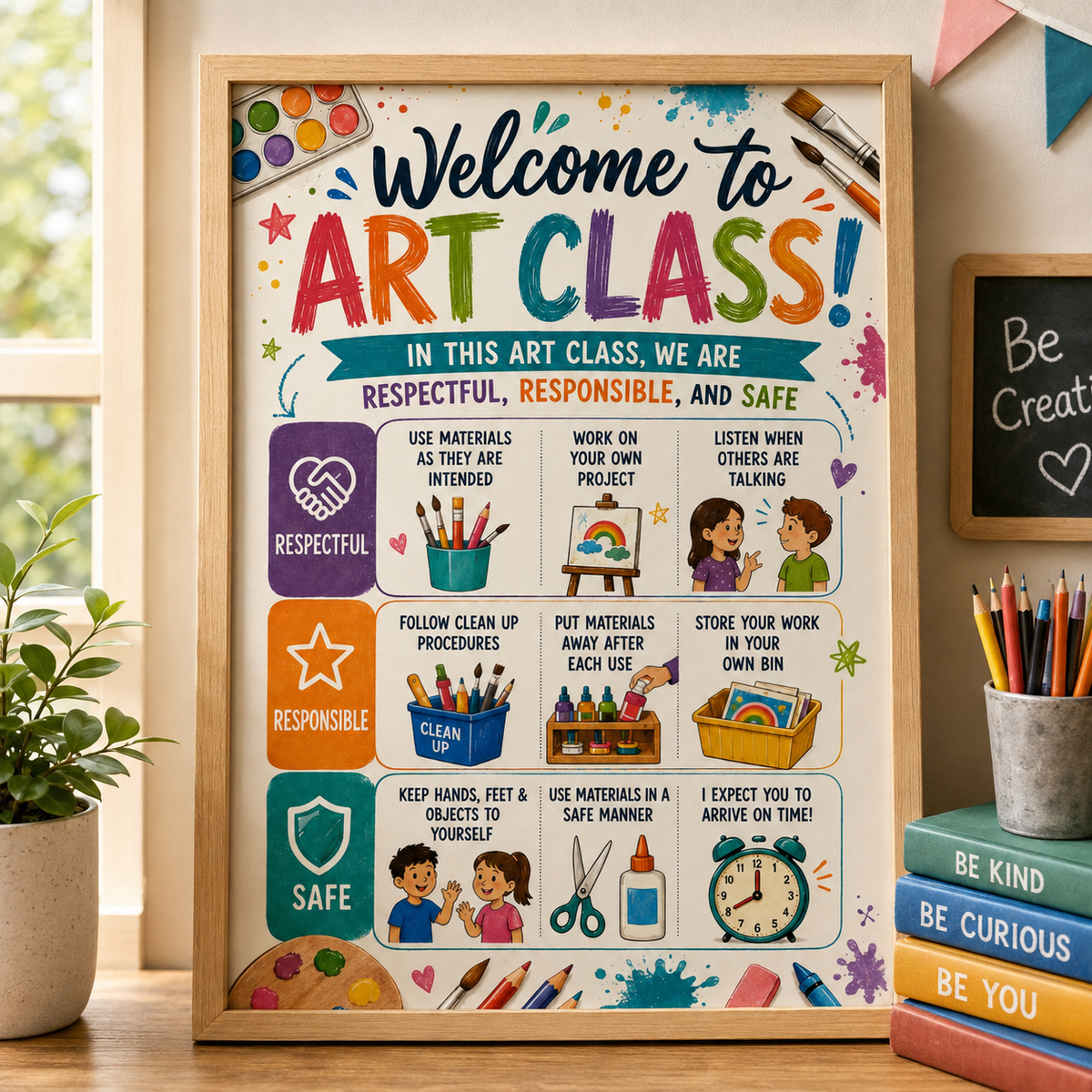 Welcome to Art Class Poster, Art Classroom Rules Wall Art, Respectful Responsible Safe Teacher Decor