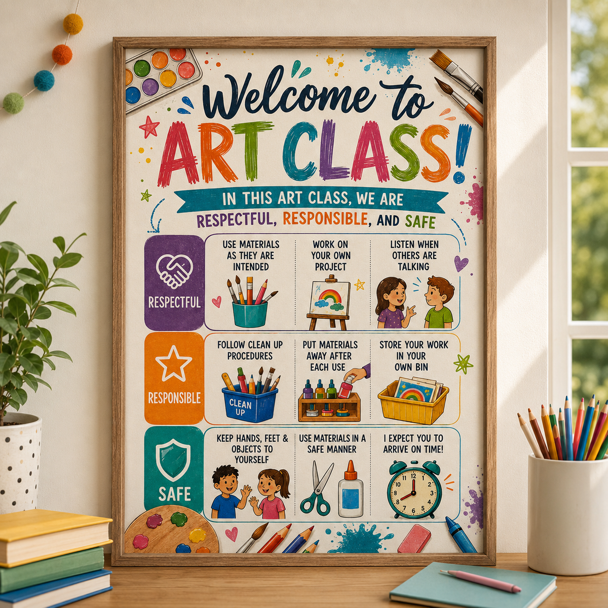 Welcome to Art Class Poster, Art Classroom Rules Wall Art, Respectful Responsible Safe Teacher Decor