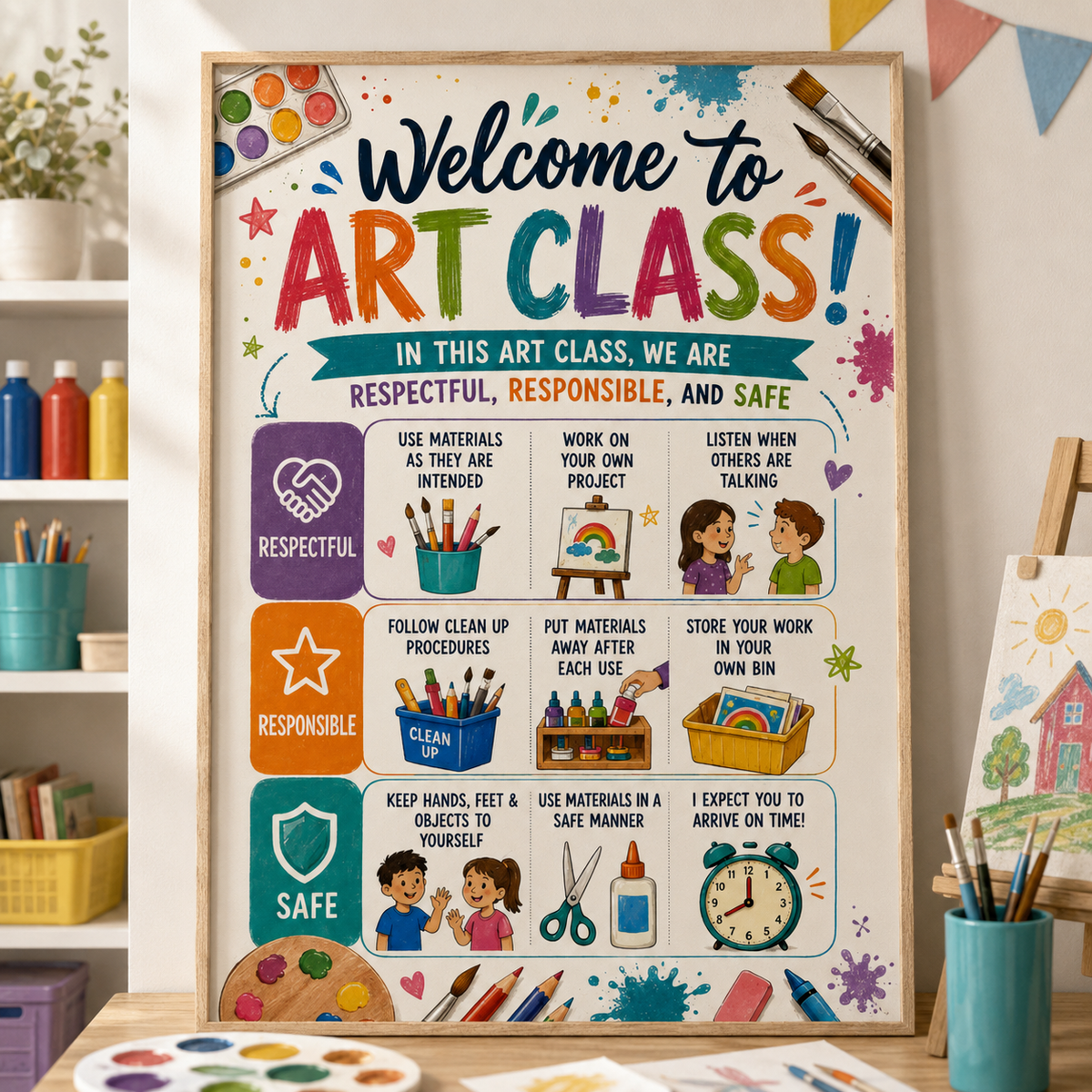Welcome to Art Class Poster, Art Classroom Rules Wall Art, Respectful Responsible Safe Teacher Decor