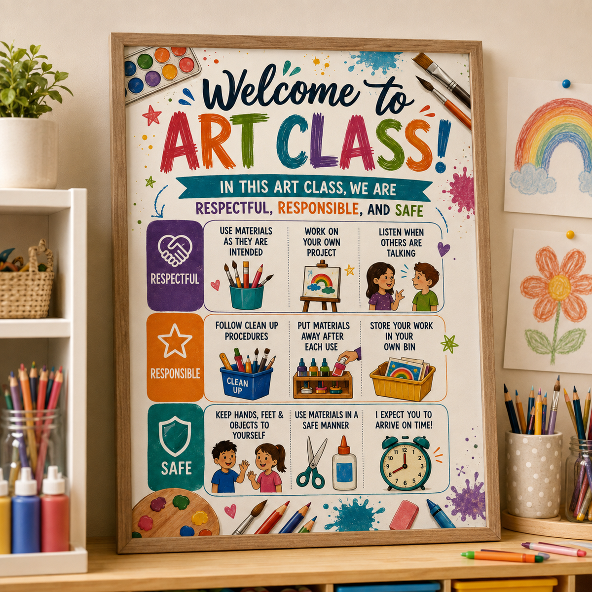 Welcome to Art Class Poster, Art Classroom Rules Wall Art, Respectful Responsible Safe Teacher Decor