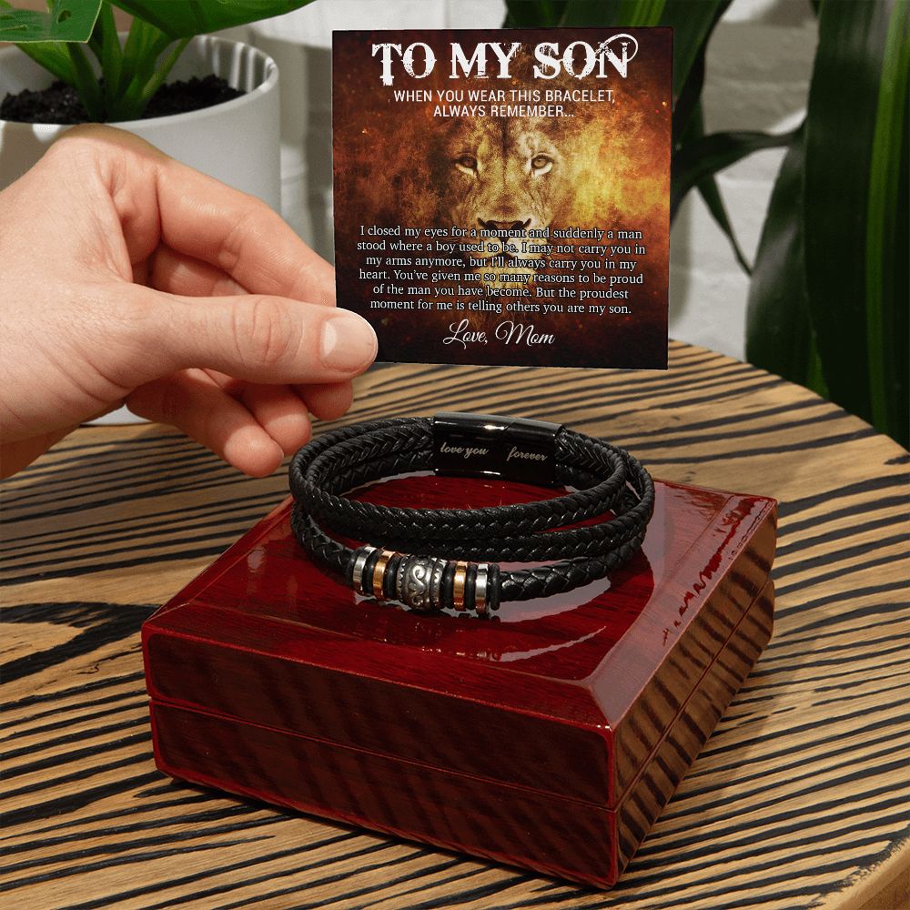 To My Son Bracelet, Mens Vegan Leather Braided Bracelet, Graduation Gift From Mom, Gift for Son from Mom