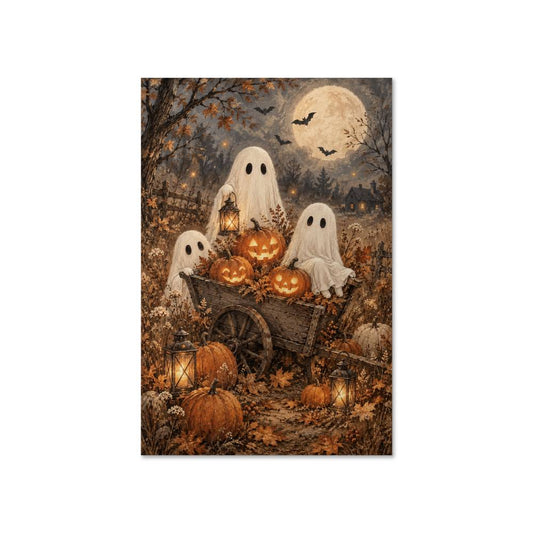 Farmhouse Ghost Halloween Wall Art Poster, Vintage Pumpkin and Bat Print, Rustic Fall Decor