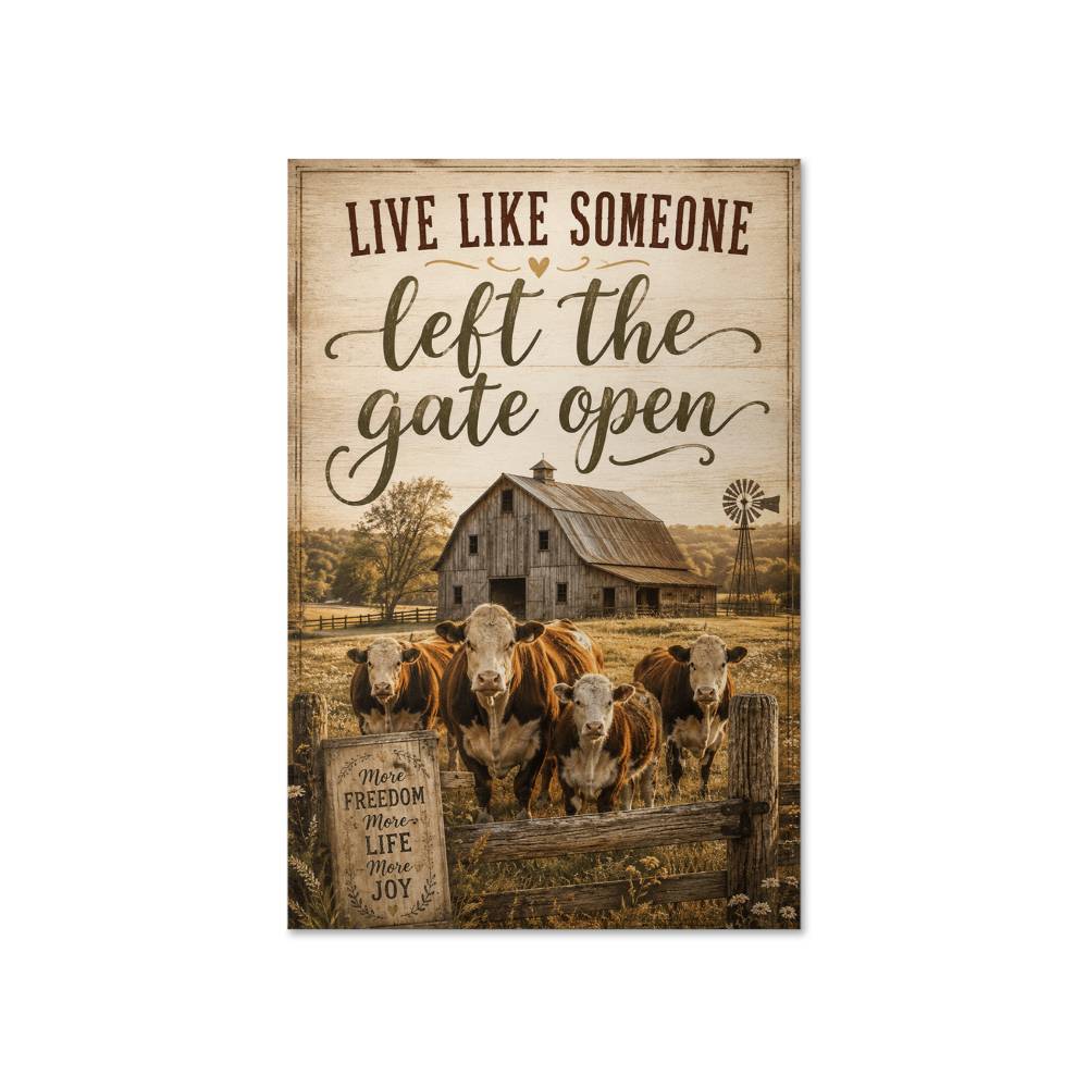 Live Like Someone Left the Gate Open Poster, Rustic Farmhouse Cow Wall Art, Country Farm Decor