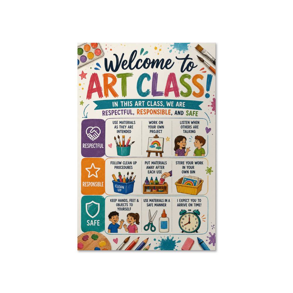 Welcome to Art Class Poster, Art Classroom Rules Wall Art, Respectful Responsible Safe Teacher Decor