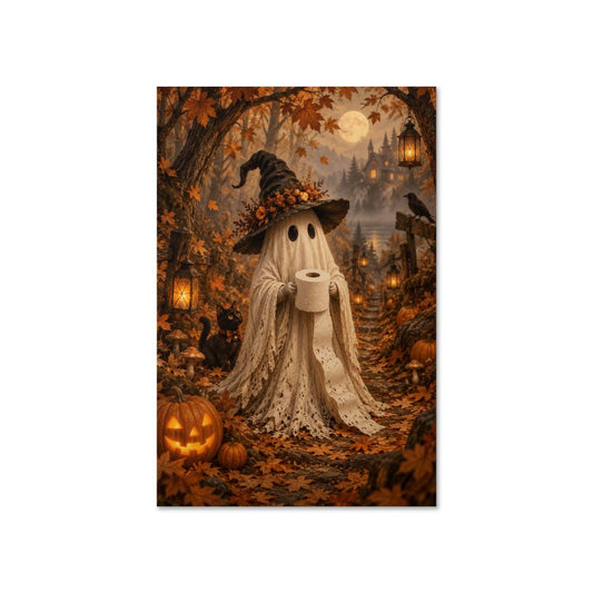 Funny Halloween Ghost Wall Art, Witch Ghost Holding Toilet Paper Poster, Vintage Spooky Bathroom Decor
