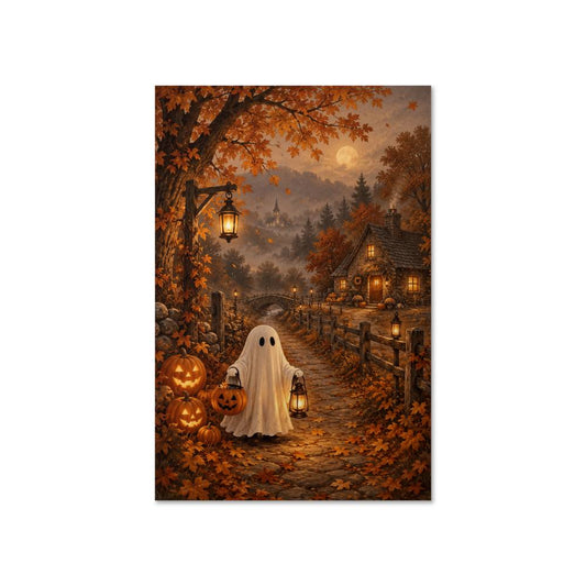 Vintage Halloween Ghost Wall Art, Autumn Pumpkin Patch Poster