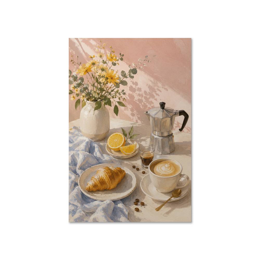 French Café Breakfast Art Print – Coffee and Croissant Kitchen Poster