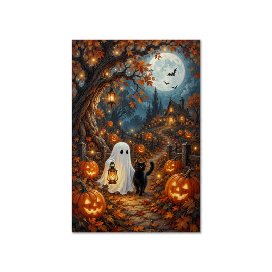 Vintage Halloween Ghost Black Cat Print Poster, Autumn Forest Moon Decor