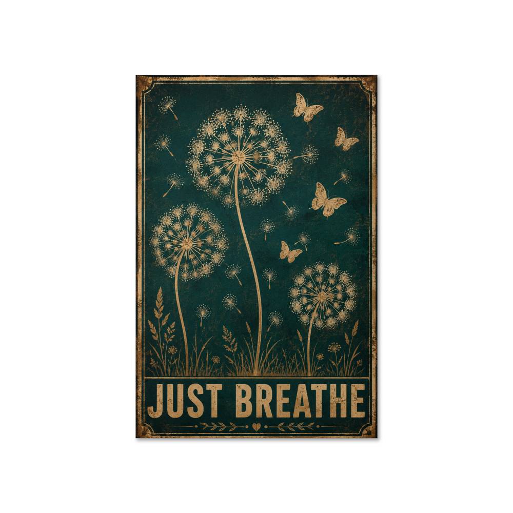 Just Breathe Dandelion Butterflies Wall Art Vintage Poster