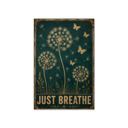 Just Breathe Dandelion Butterflies Wall Art Vintage Poster
