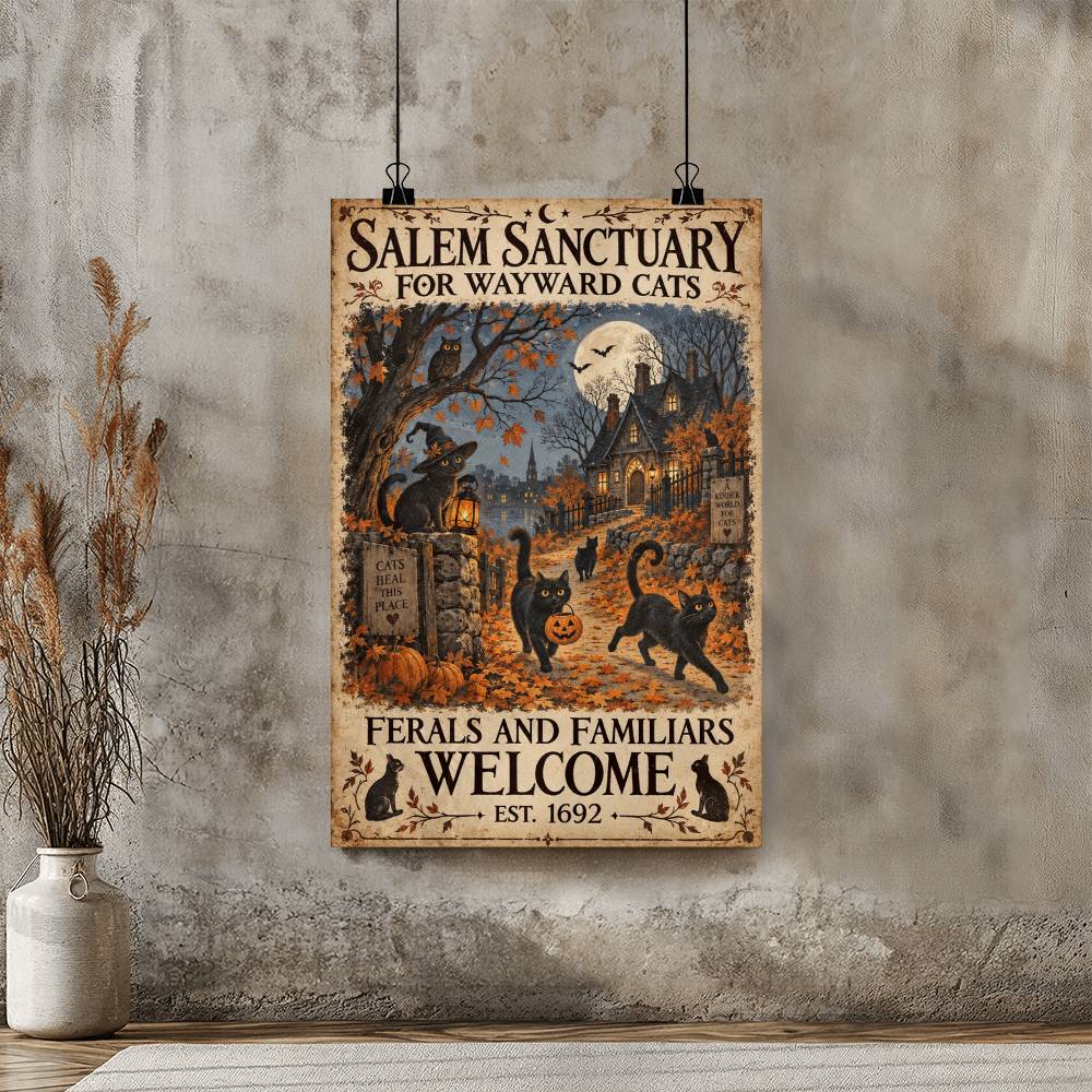 Salem Sanctuary Poster, Witch Halloween Decor, Cat Lover Wall Art, Halloween Decoration