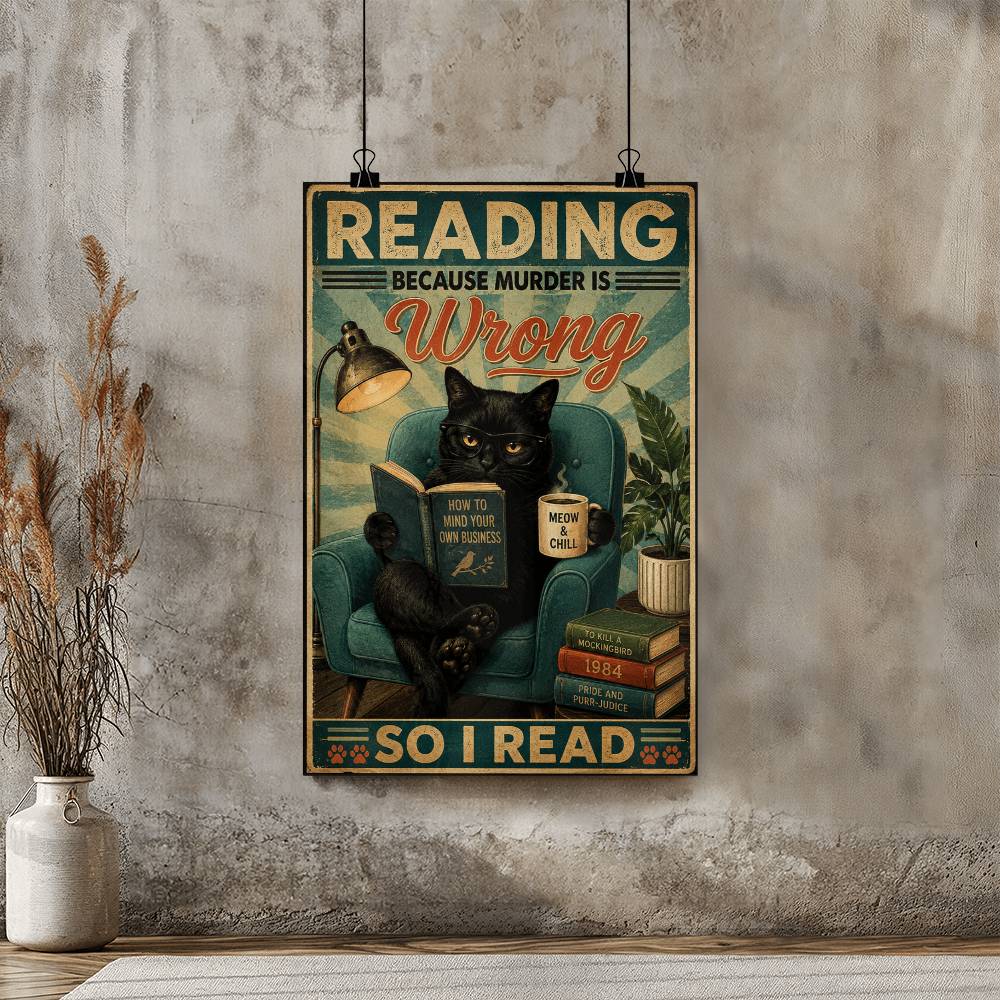 Black Cat Reading Because Murder Wrong Poster