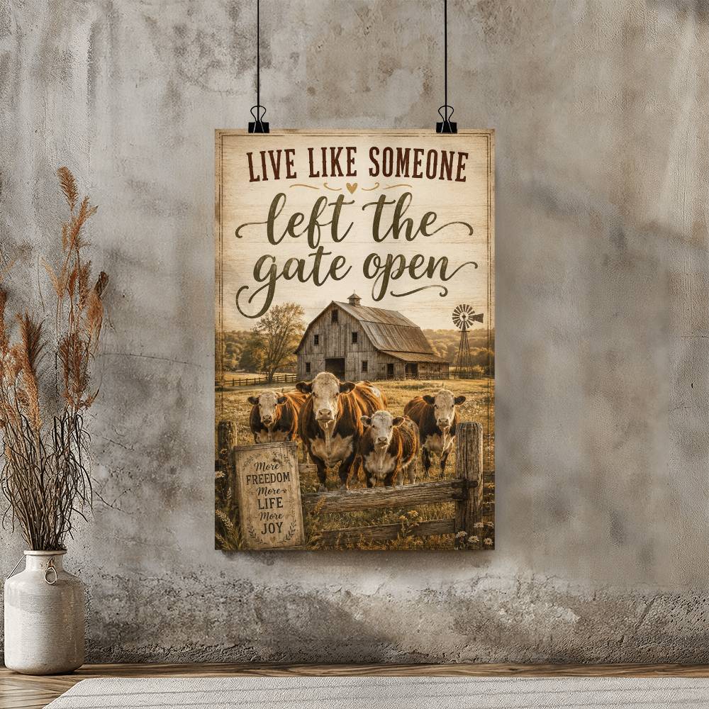 Live Like Someone Left the Gate Open Poster, Rustic Farmhouse Cow Wall Art, Country Farm Decor