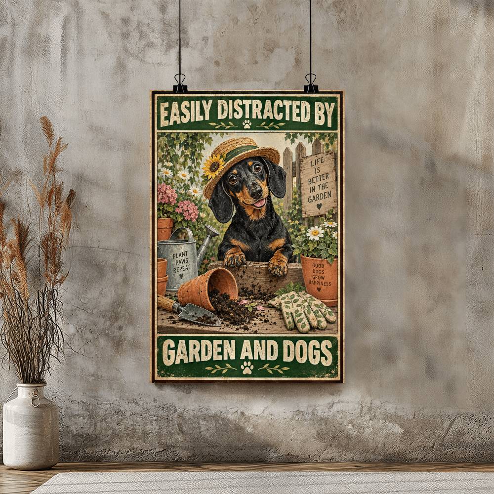 Easily Distracted by Garden and Dogs Poster, Dachshund Gardening Wall Art