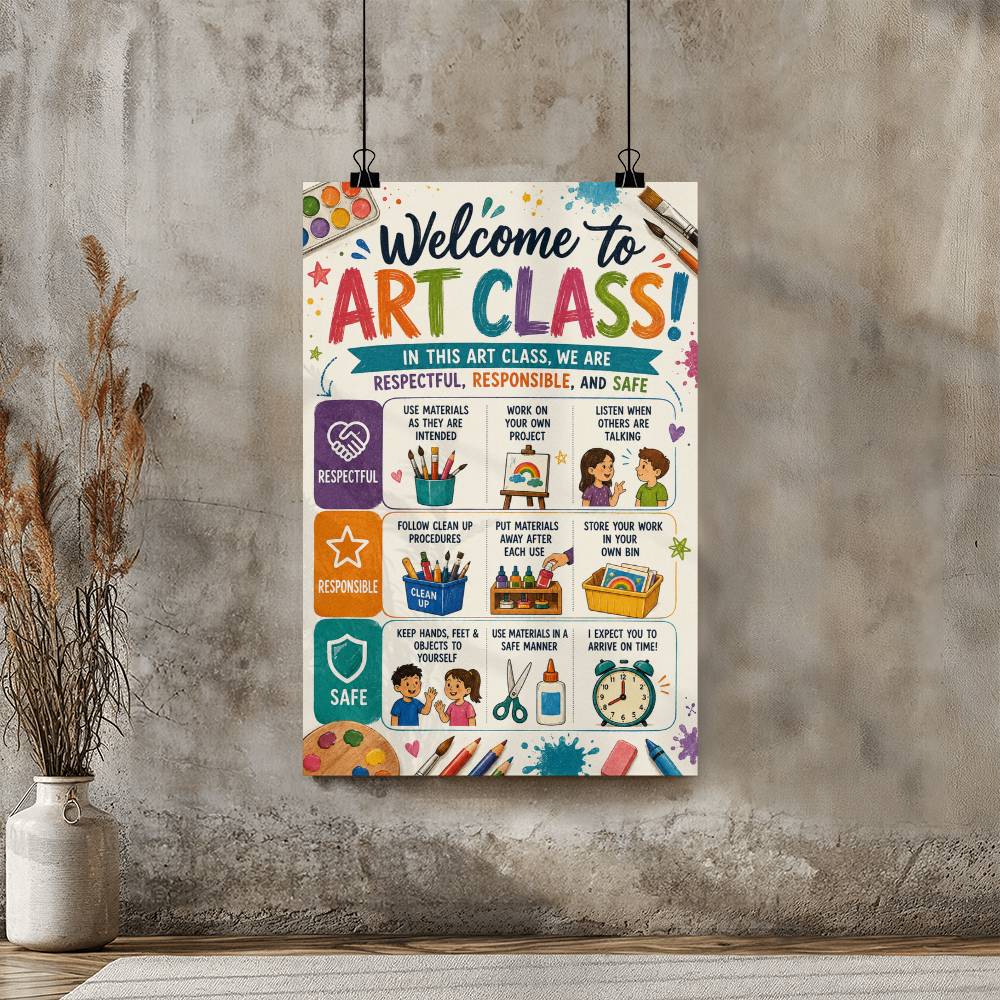 Welcome to Art Class Poster, Art Classroom Rules Wall Art, Respectful Responsible Safe Teacher Decor
