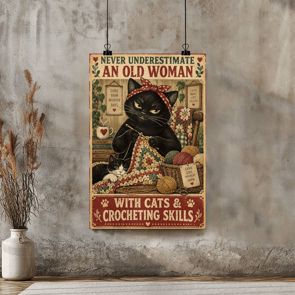Never Underestimate an Old Woman With Cats & Crocheting Skills Poster, Funny Crochet Lover Gift