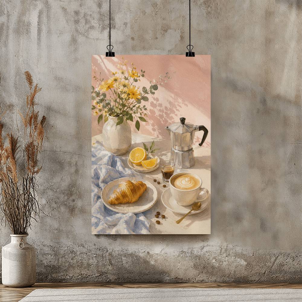 French Café Breakfast Art Print – Coffee and Croissant Kitchen Poster