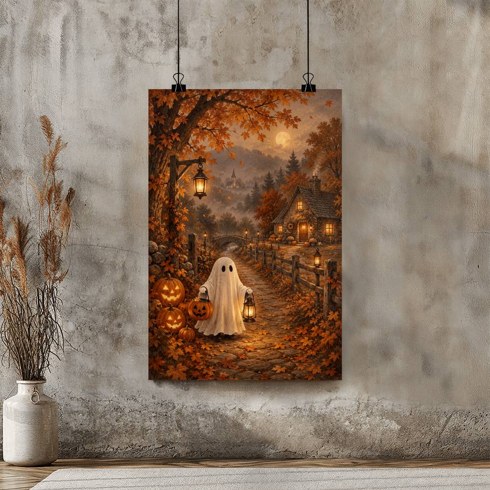 Vintage Halloween Ghost Wall Art, Autumn Pumpkin Patch Poster