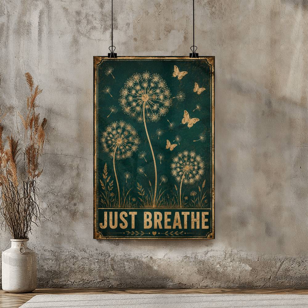 Just Breathe Dandelion Butterflies Wall Art Vintage Poster