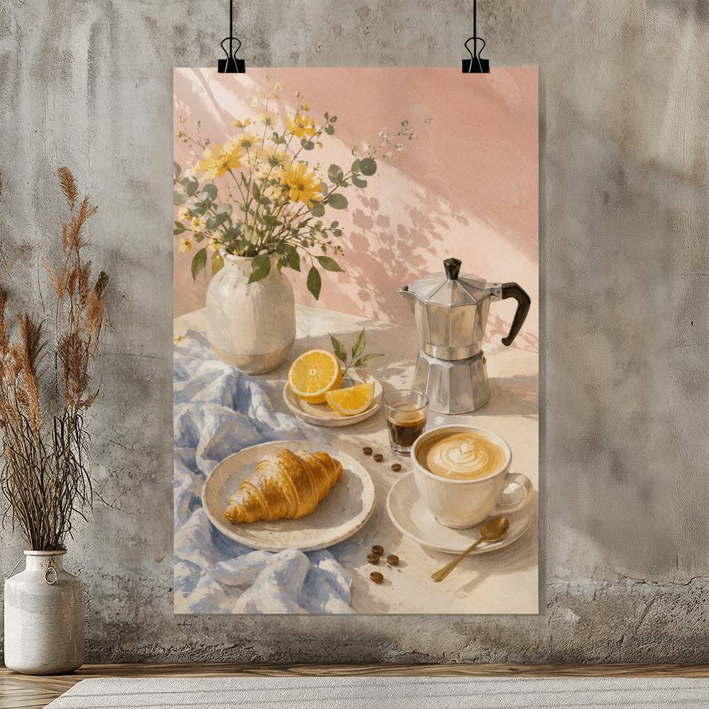 French Café Breakfast Art Print – Coffee and Croissant Kitchen Poster