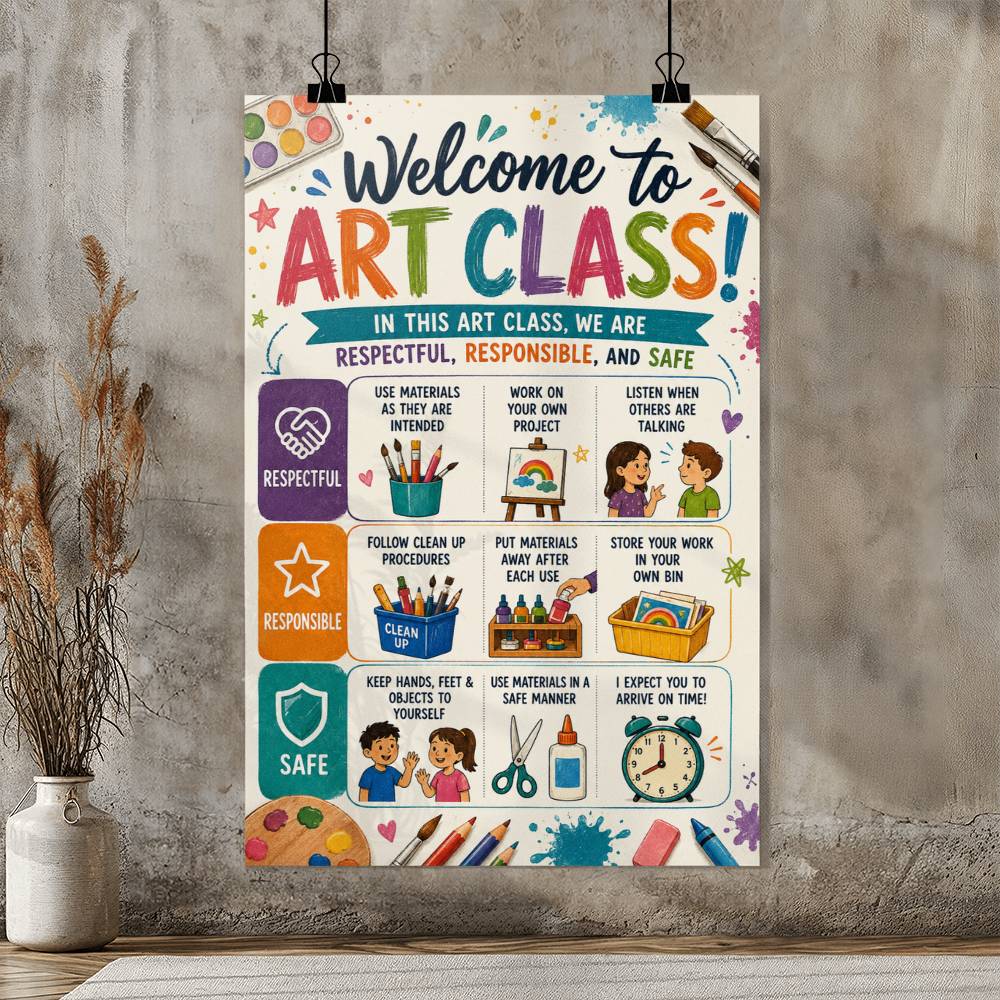 Welcome to Art Class Poster, Art Classroom Rules Wall Art, Respectful Responsible Safe Teacher Decor