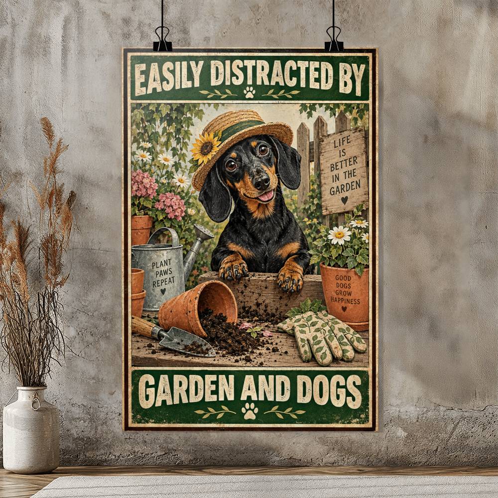 Easily Distracted by Garden and Dogs Poster, Dachshund Gardening Wall Art