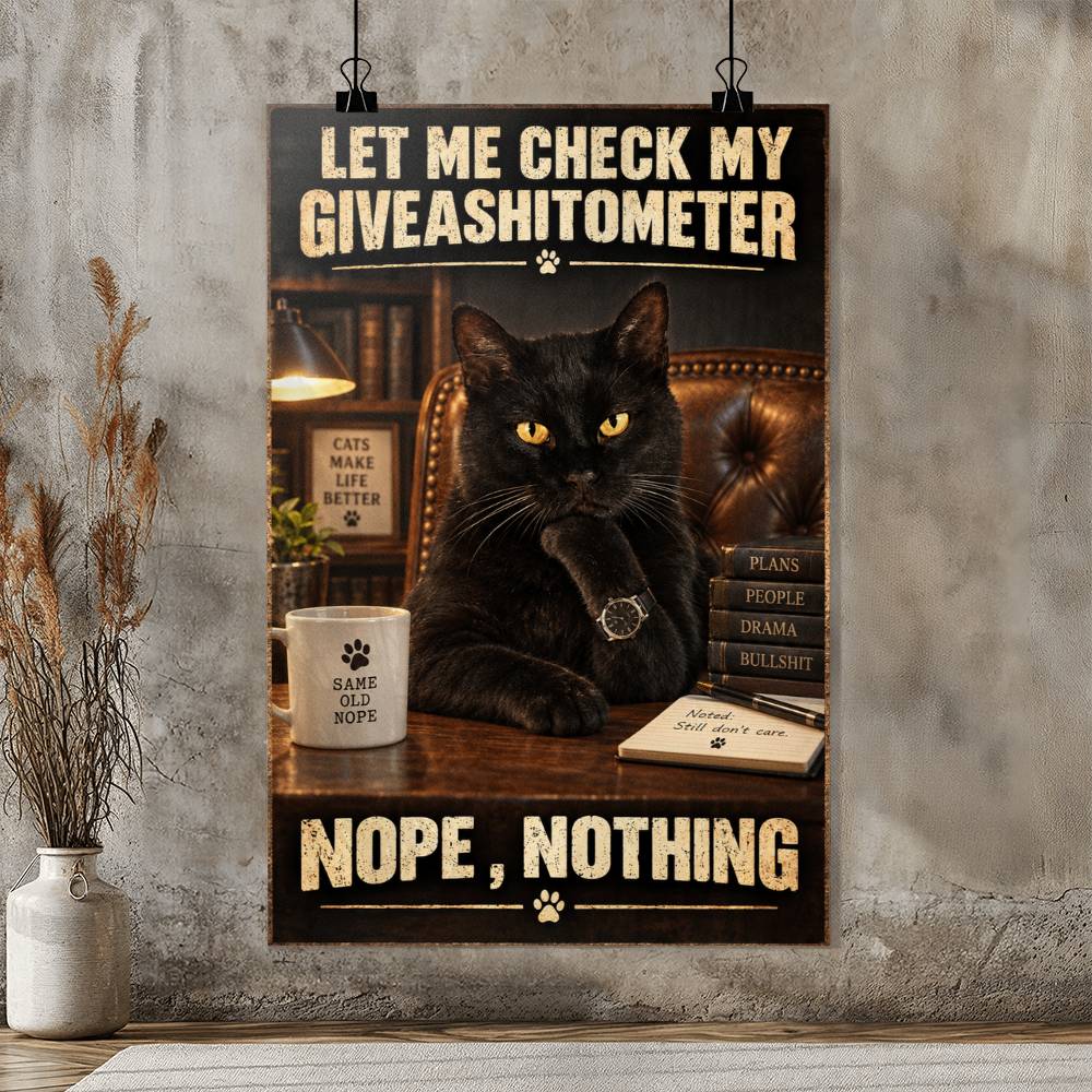 Funny Black Cat Giveashitometer Poster, Nope Nothing Cat Wall Art
