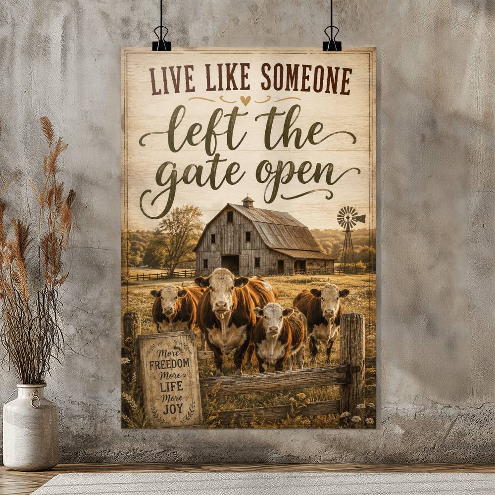 Live Like Someone Left the Gate Open Poster, Rustic Farmhouse Cow Wall Art, Country Farm Decor