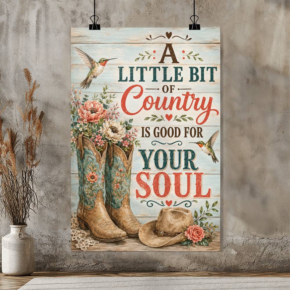 A Little Bit of Country Is Good for Your Soul Poster, Country Girl Wall Art, Western Cowboy Boots Decor