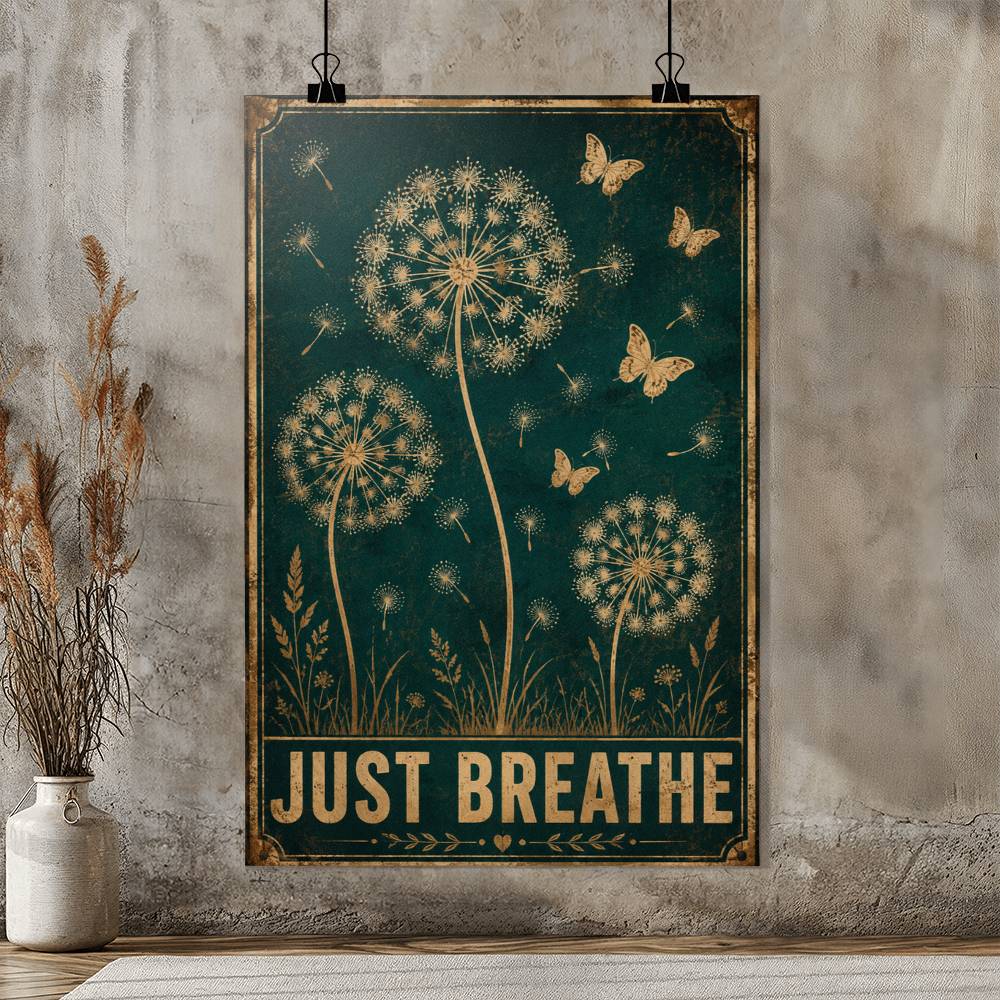 Just Breathe Dandelion Butterflies Wall Art Vintage Poster