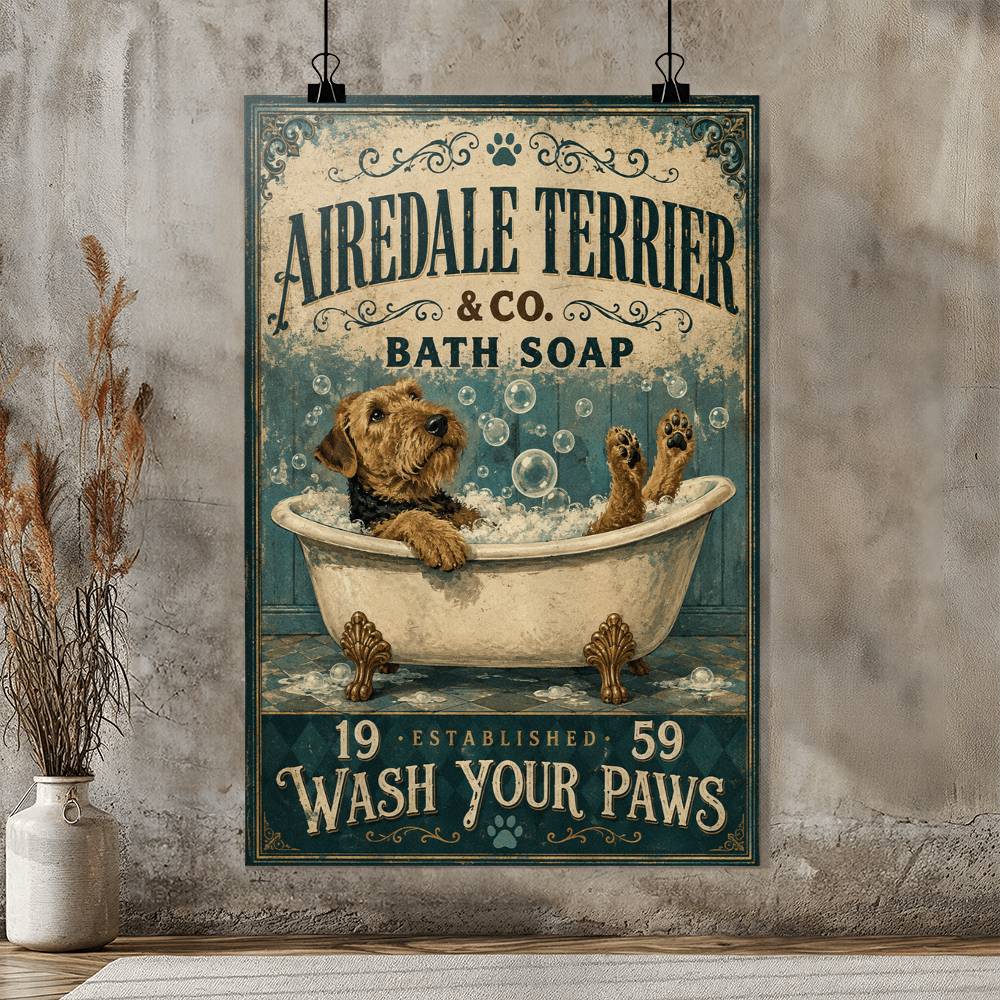Airedale Terrier Co Bath Soap Wash Your Paws Poster