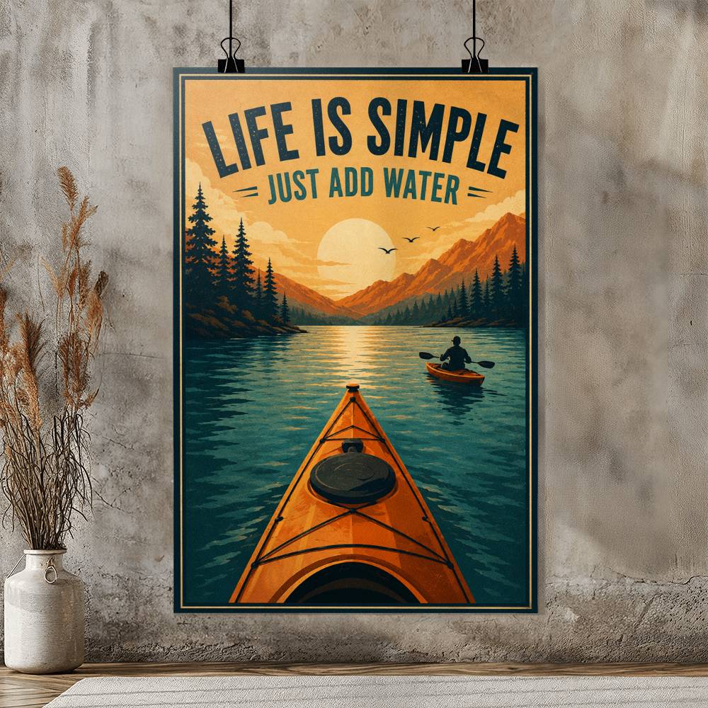 Life Is Simple Just Add Water Poster, Kayaking Wall Art, Outdoor Adventure Quote Print, Kayaker Gift