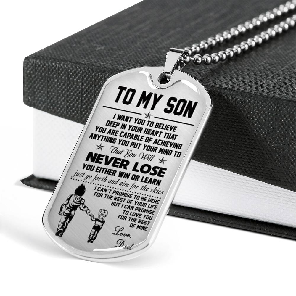 Vuvuzi Tee to My Son Dog tag Necklace Love Dad - Vegeta & Trunks - Luxury Gift for Teen Boy