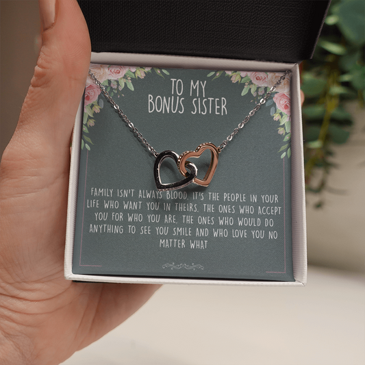 Unbiological Bonus Sister Best Friend Interlocking Hearts Necklace Message Card