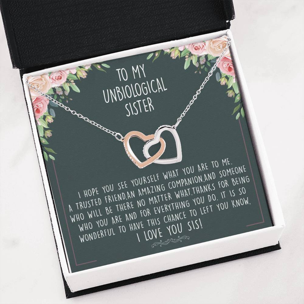 Unbiological Sister Gift Best Friend Interlocking Hearts Necklace Message Card