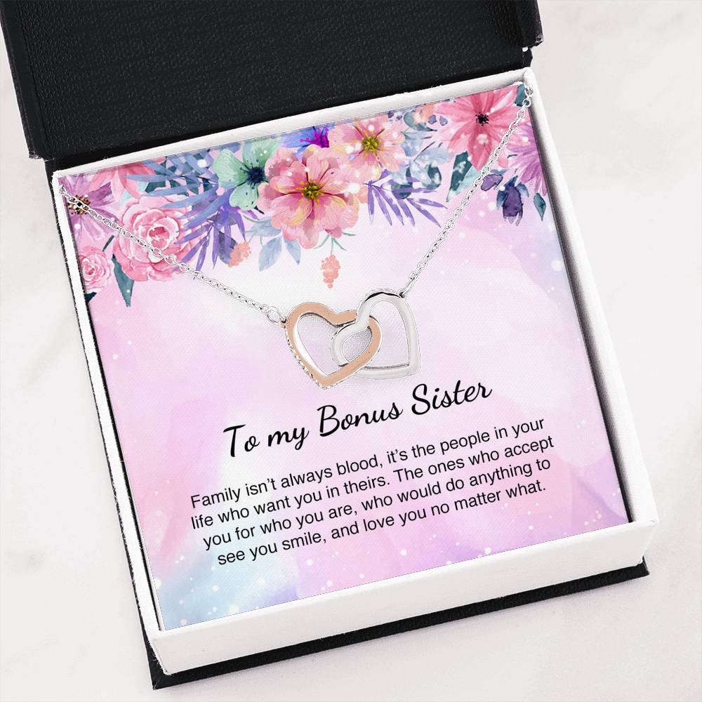 Unbiological Bonus Sister Gift Best Friend Interlocking Hearts Necklace Message Card